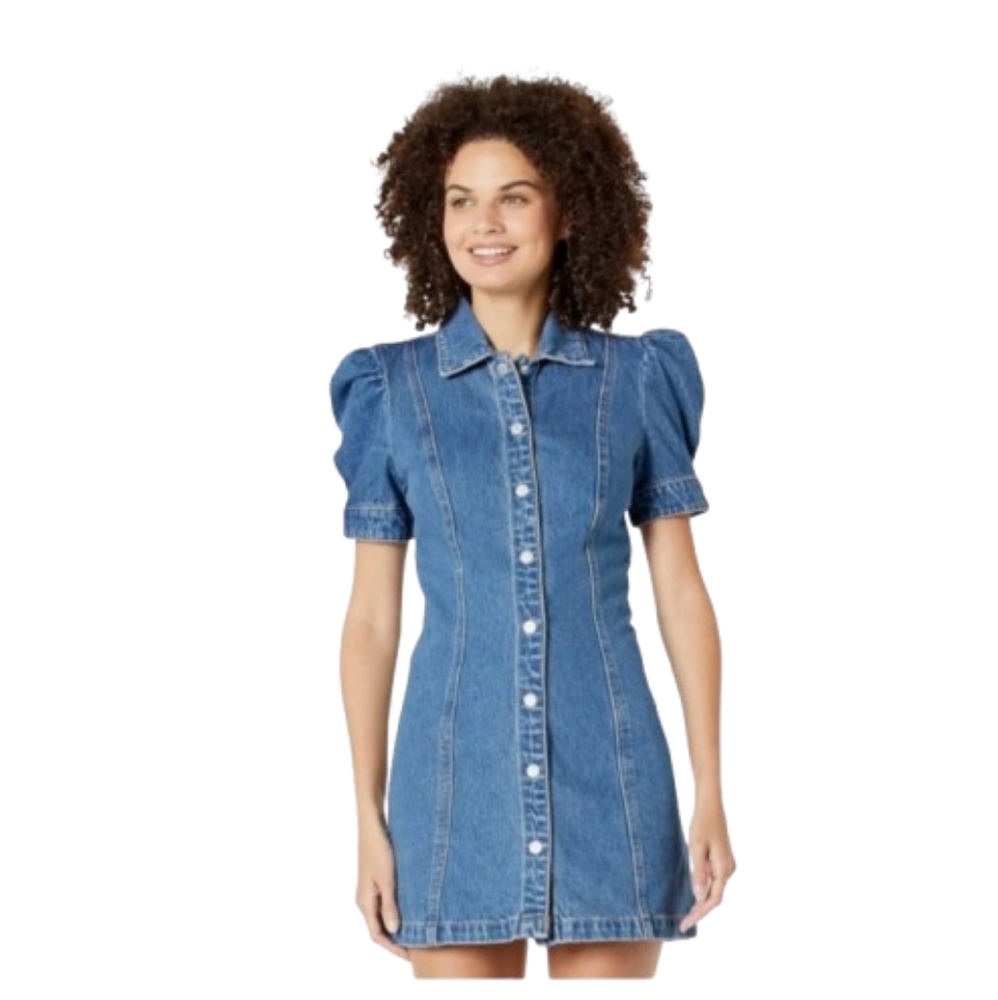 Blank NYC Short Puff Sleeve Denim Dress Size Medium Walk In The Park Shirtdress